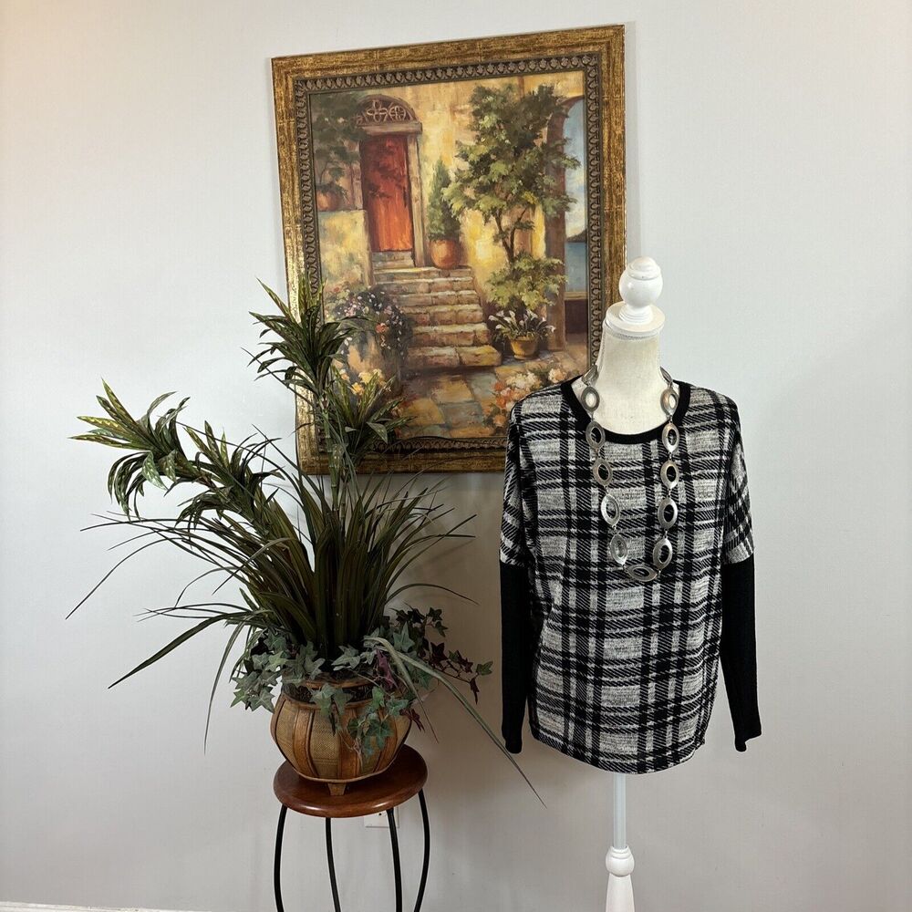 Vintage Savannah Blouse Women Size Medium Plaid 3/4 Sleeve Pullover Collarless
